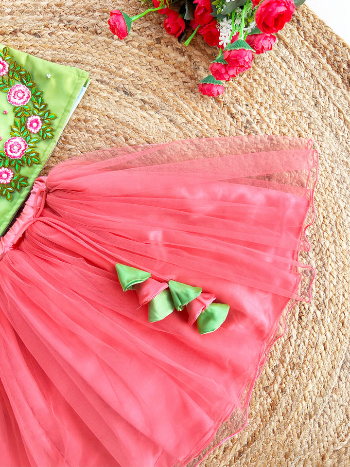 Peach Pista Green Floral Hand Embroidery Skirt and Top for Baby Girls