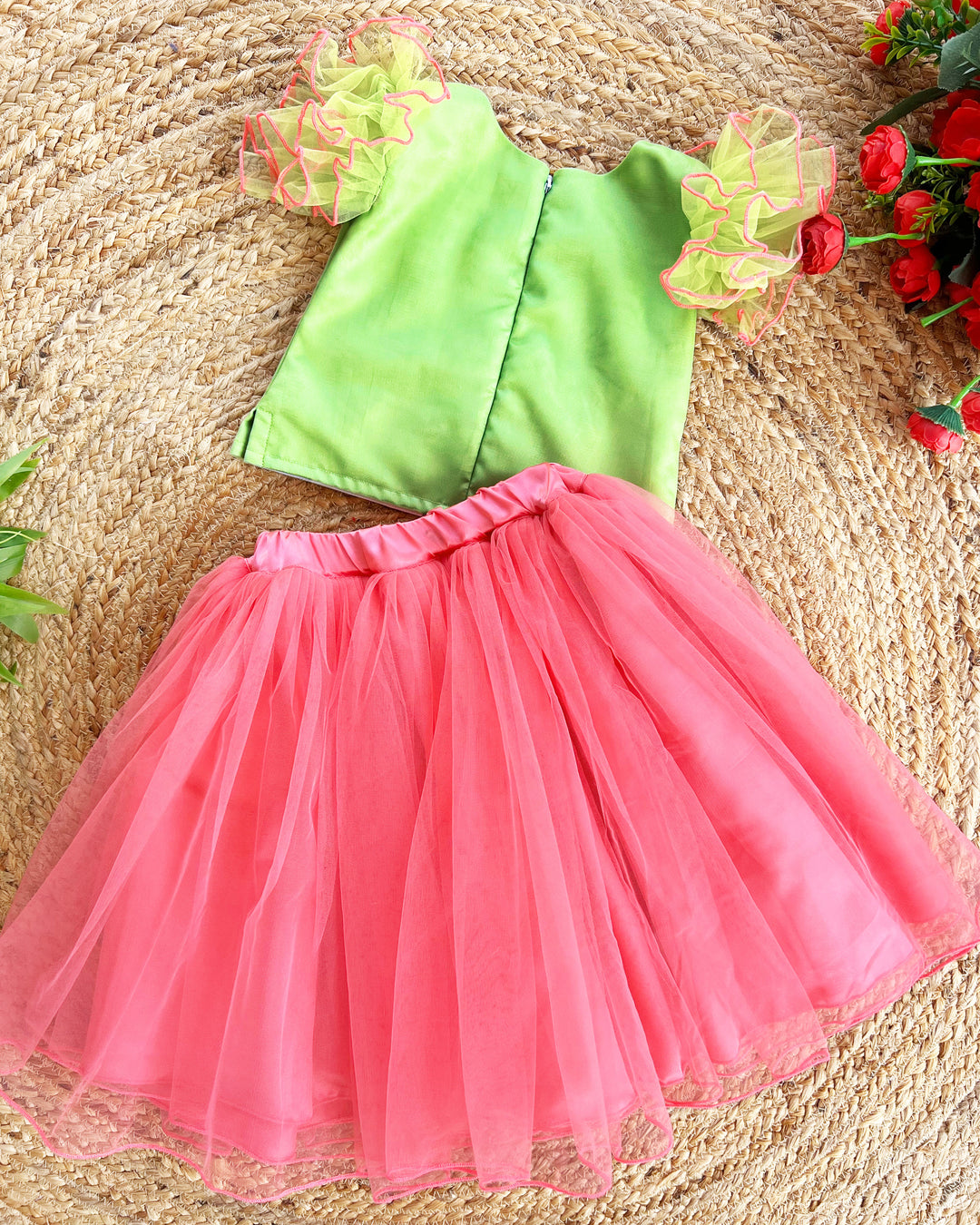 Peach Pista Green Floral Hand Embroidery Skirt and Top for Baby Girls
