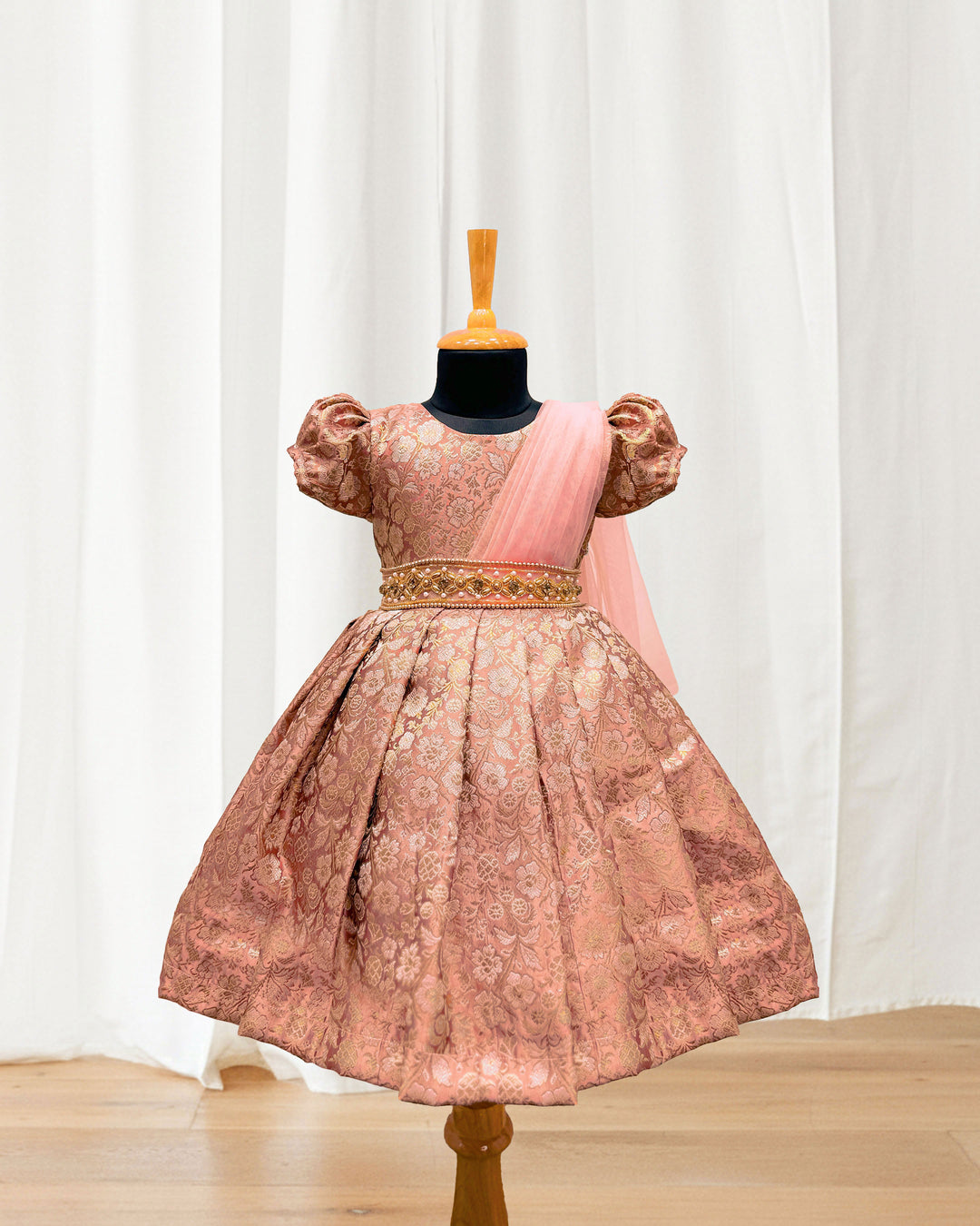 Peach Banarasi saree frock, baby girls birthday dress, traditional handwork partywear, Banarasi brocade frock for kids