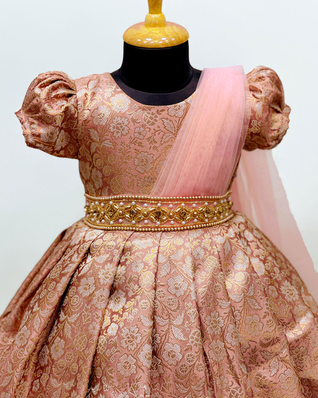 Peach Banarasi saree frock, baby girls birthday dress, traditional handwork partywear, Banarasi brocade frock for kids