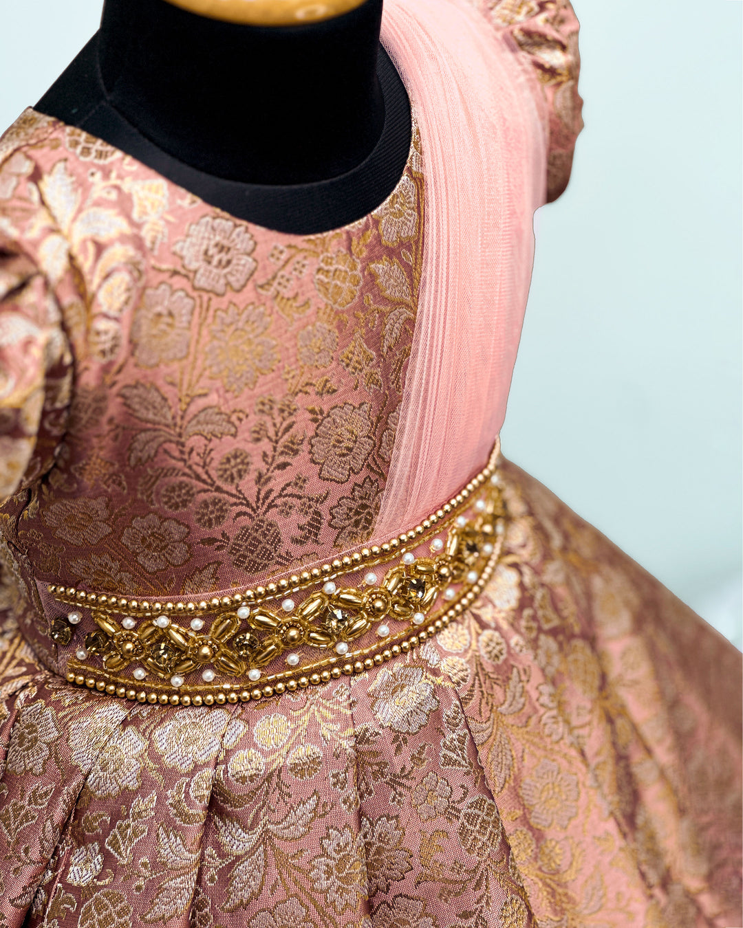 Peach Banarasi saree frock, baby girls birthday dress, traditional handwork partywear, Banarasi brocade frock for kids