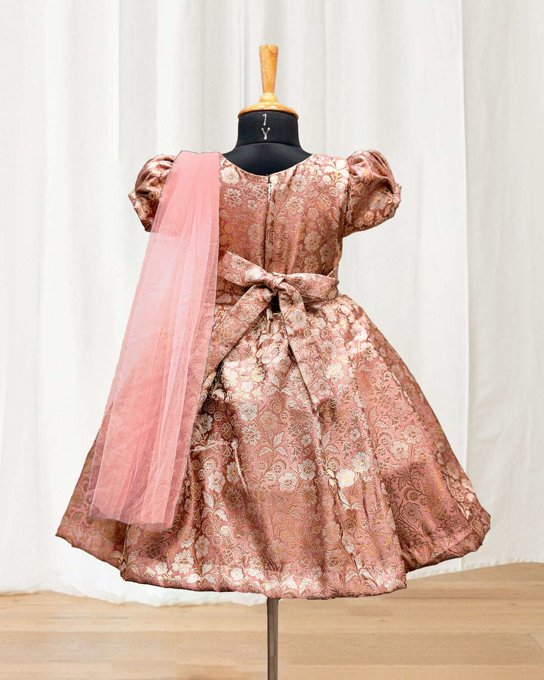 Peach Banarasi saree frock, baby girls birthday dress, traditional handwork partywear, Banarasi brocade frock for kids