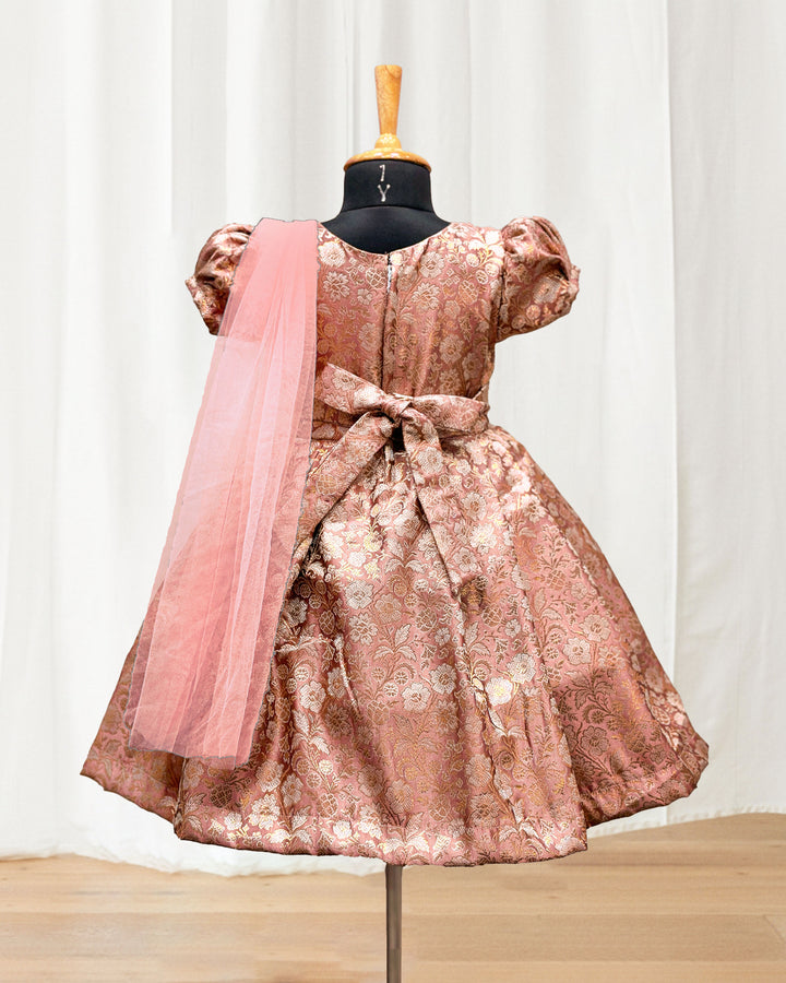 Peach Banarasi saree frock, baby girls birthday dress, traditional handwork partywear, Banarasi brocade frock for kids