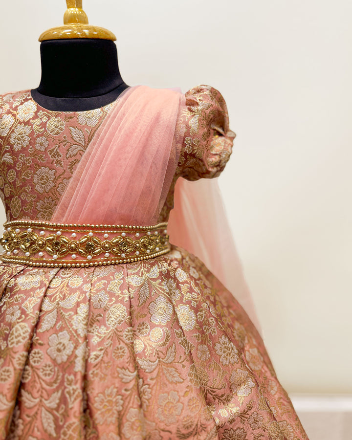 Peach Banarasi saree frock, baby girls birthday dress, traditional handwork partywear, Banarasi brocade frock for kids