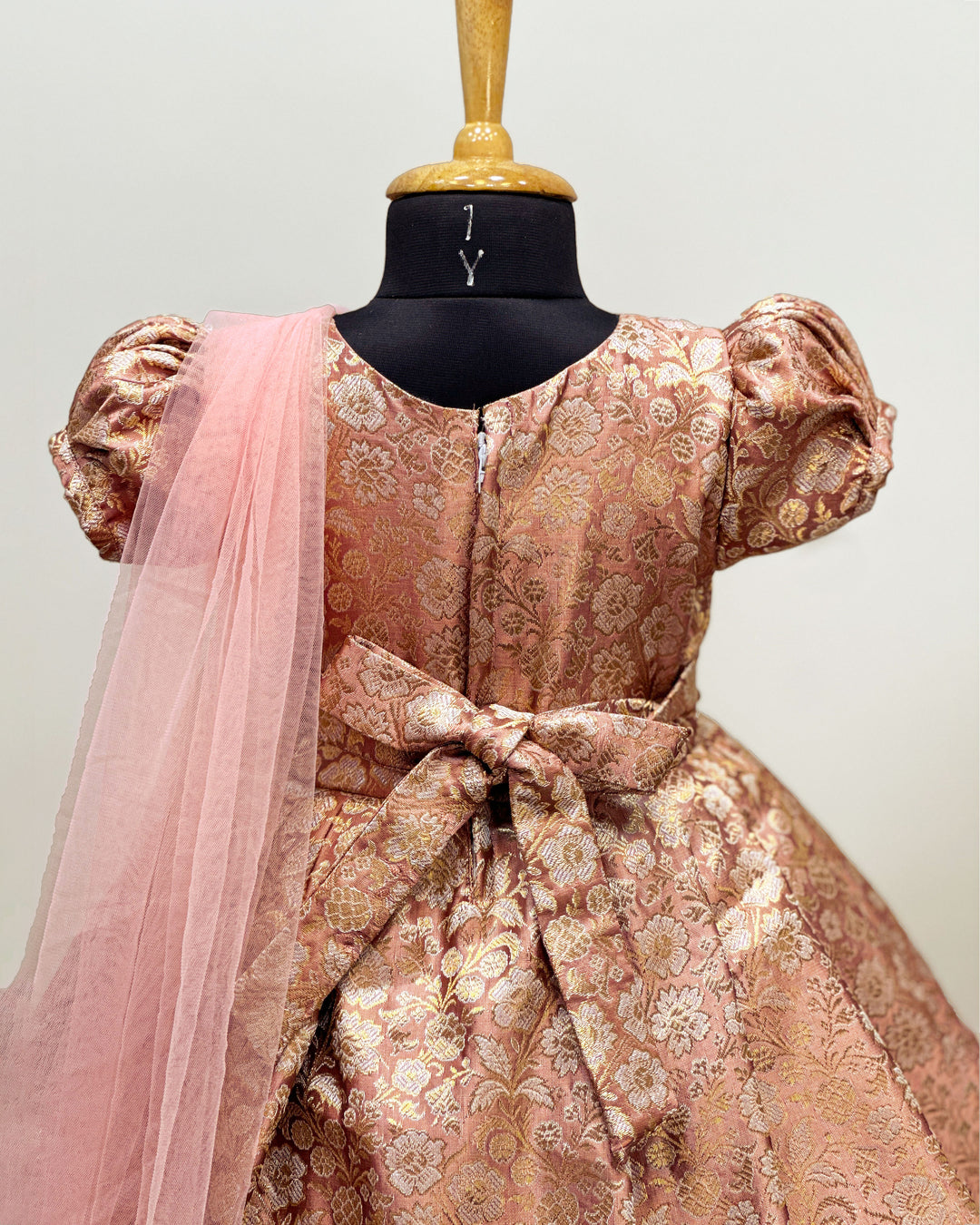 Peach Banarasi saree frock, baby girls birthday dress, traditional handwork partywear, Banarasi brocade frock for kids