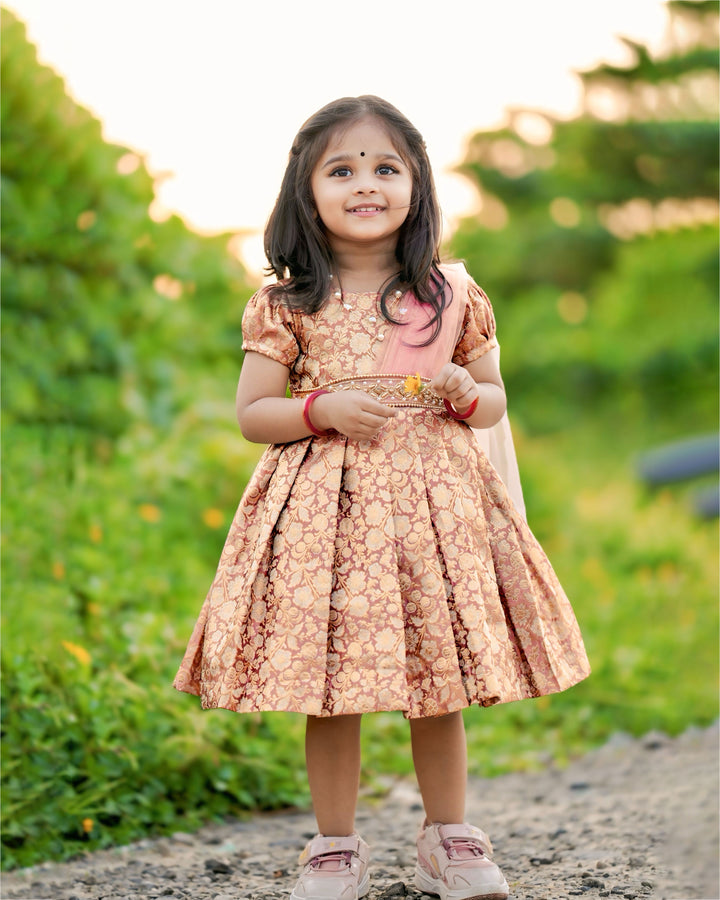 Peach Banarasi saree frock, baby girls birthday dress, traditional handwork partywear, Banarasi brocade frock for kids