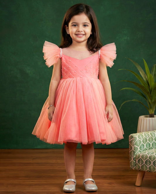 Peach pleated western style frock front view baby girl – Stanwells Kids