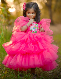 Peach Shade Swan Theme Handmade Applique Partywear Step Frock