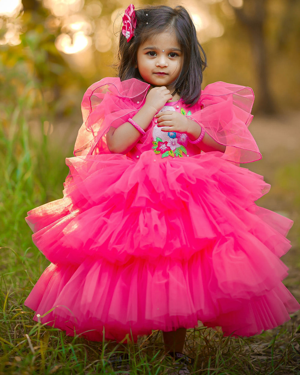 "Peach shade swan applique theme step frock, baby girls birthday dress, elegant baby dress"