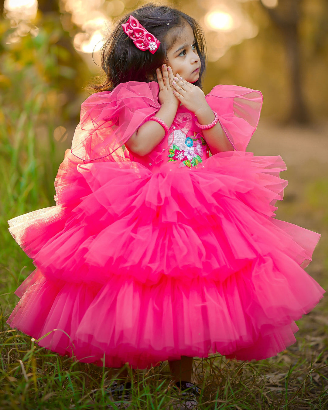 "Peach shade swan applique theme step frock, baby girls birthday dress, elegant baby dress"