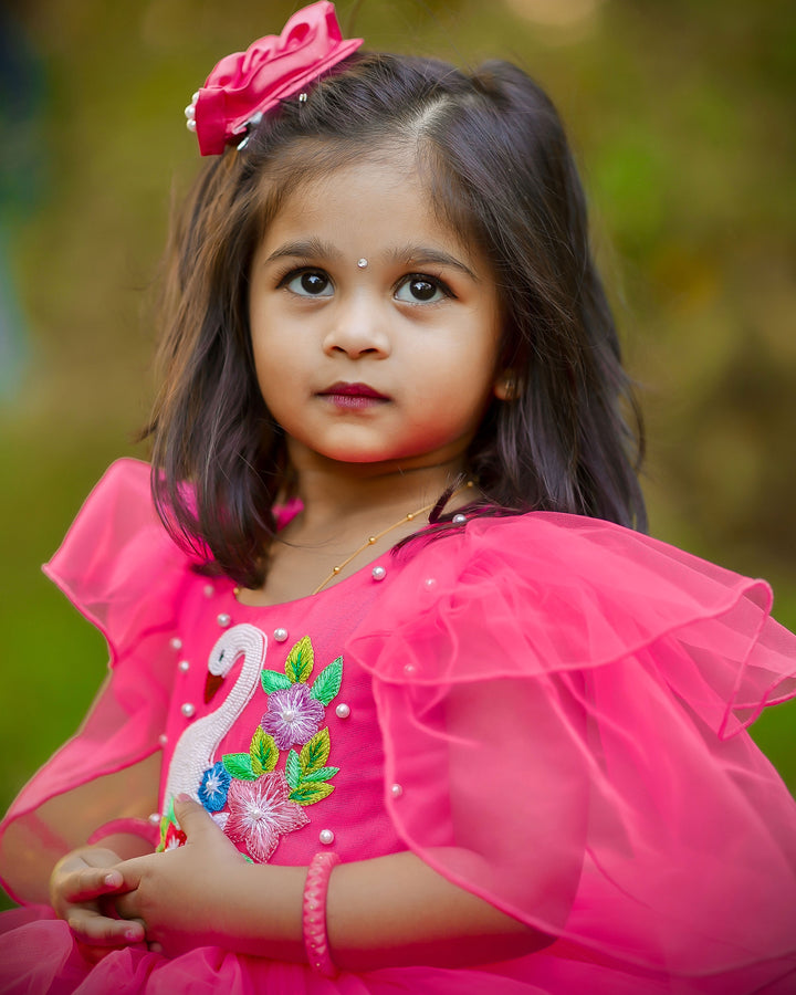 "Peach shade swan applique theme step frock, baby girls birthday dress, elegant baby dress"
