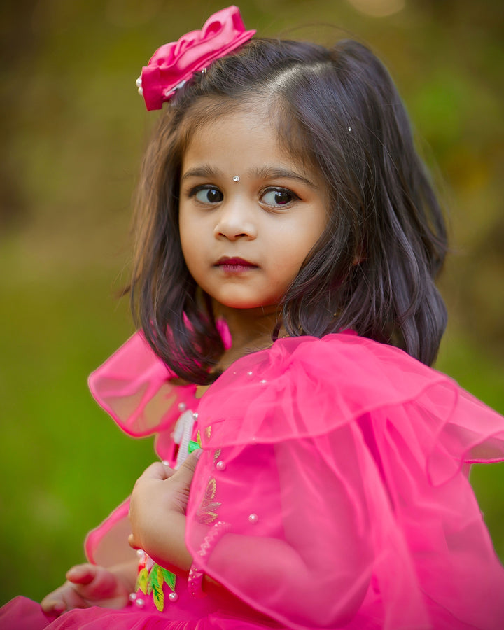 "Peach shade swan applique theme step frock, baby girls birthday dress, elegant baby dress"
