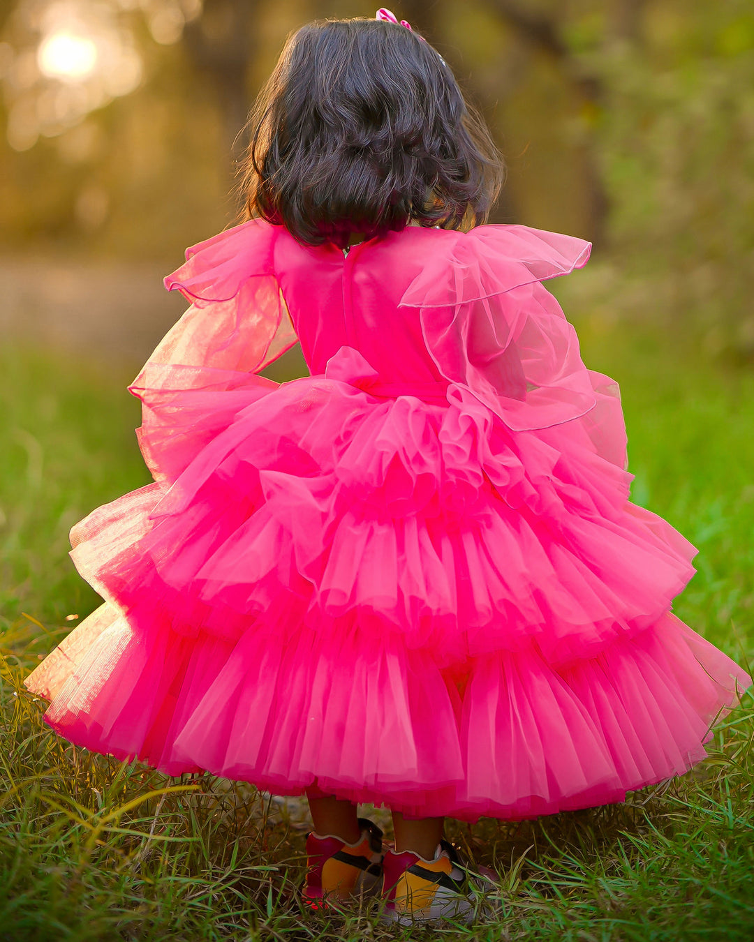 "Peach shade swan applique theme step frock, baby girls birthday dress, elegant baby dress"