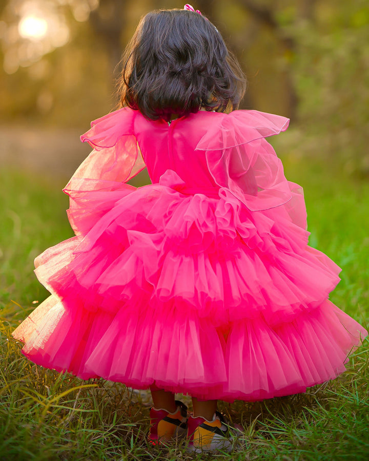"Peach shade swan applique theme step frock, baby girls birthday dress, elegant baby dress"