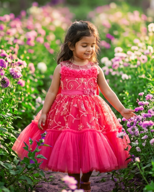 Peach thread embroidery ruffles frock front view baby girl – Stanwells Kids