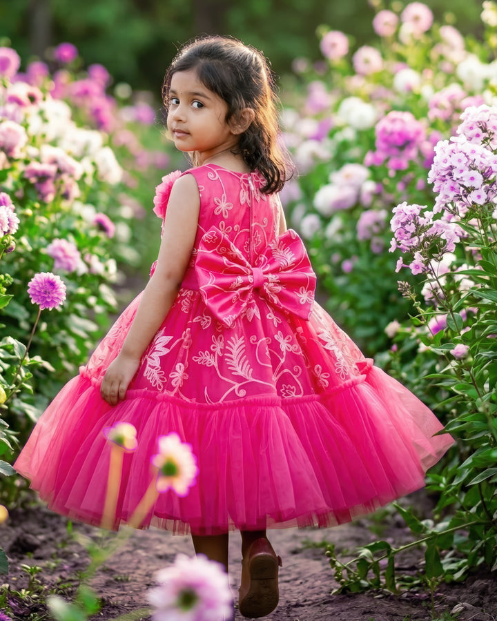 Peach Shade Thread Embroidery Ruffles Partywear Flower Frock
Material: Bright peach thread embroidery party wear flower frock is made with soft nylon net fabric. The yoke portion of the frock is fully completed in a ruffled p