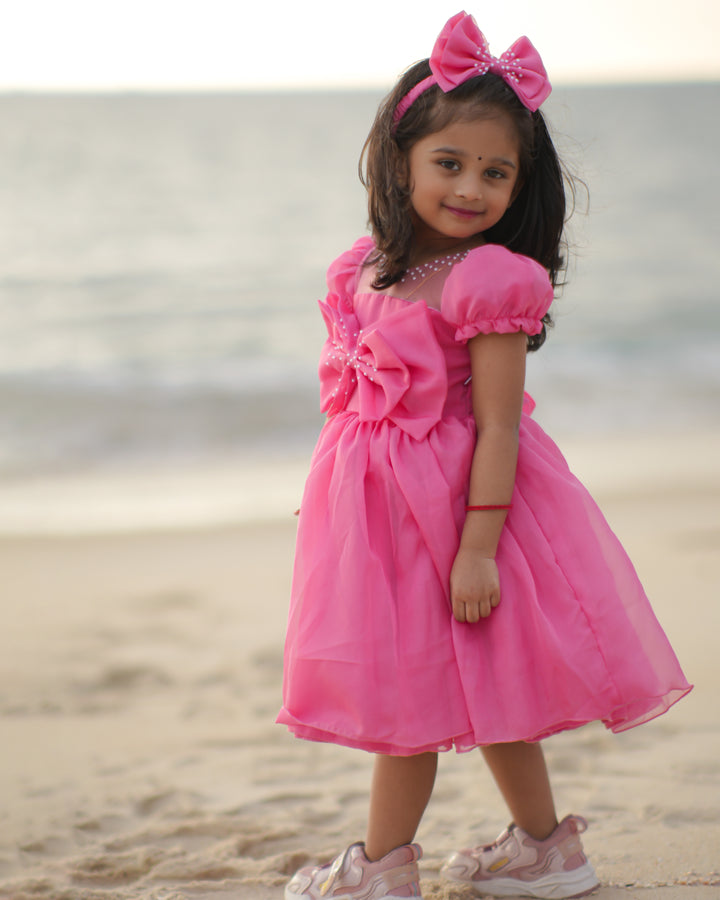 Peach organza frock, elegant bow dress for baby girls, birthday dress for kids, premium party wear frock, toddler birthday outfit, Stanwells Kids fashion