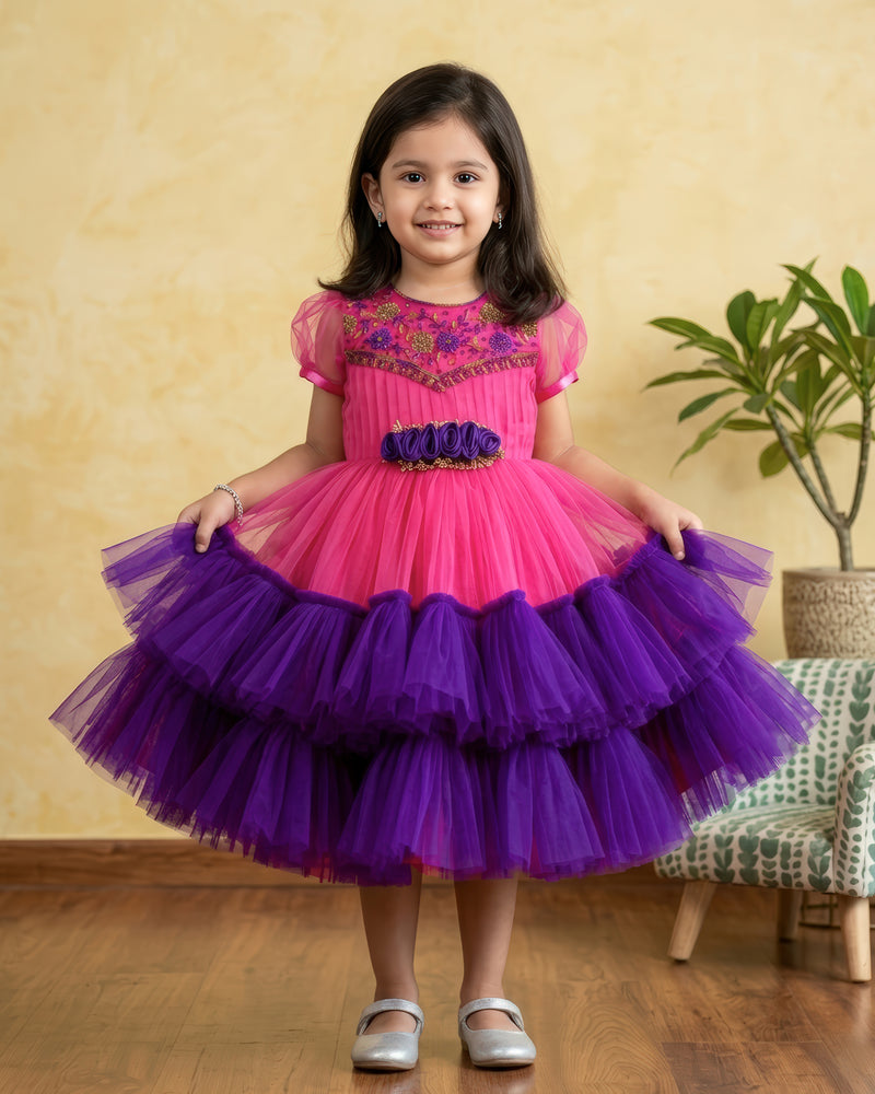 Peach & Violet combo Handwork Ruffles Party wear Frock