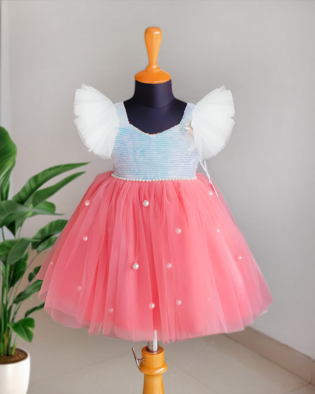 Peach and white glitter sequins birthday frock for baby girl – front view, Stanwells Kids