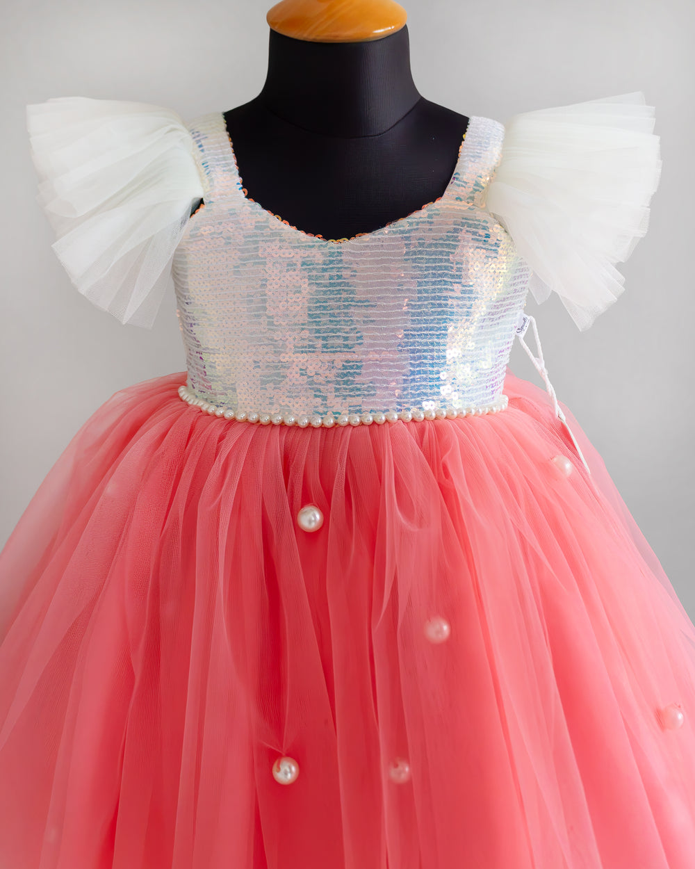 Golden sequin yoke detail on peach white glitter birthday frock – Stanwells Kids