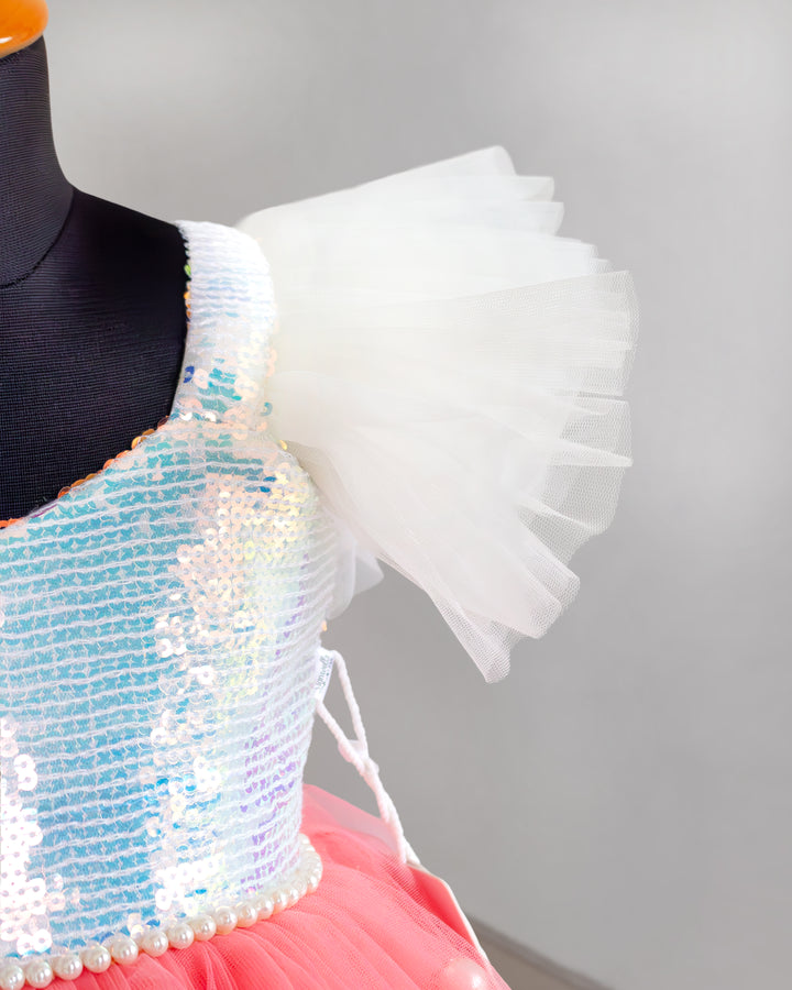 Layered soft net skirt on peach white sequins birthday frock for girls – Stanwells Kids