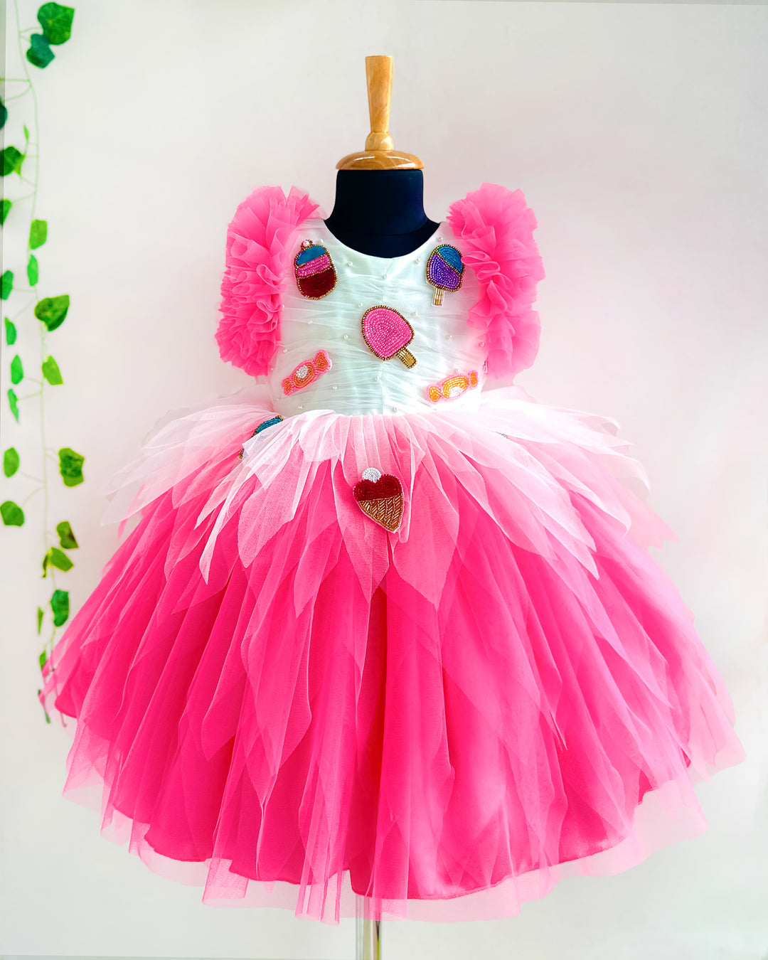 Peach and White Candy Popsicle Theme Frock – Handworked Applique Birthday Dress for Baby Girls by Stanwells Kids