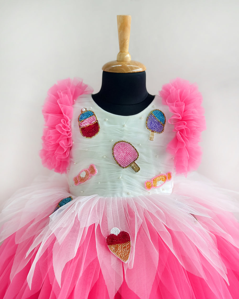 Peach and White Candy Popsicle Theme Frock – Handworked Applique Birthday Dress for Baby Girls by Stanwells Kids