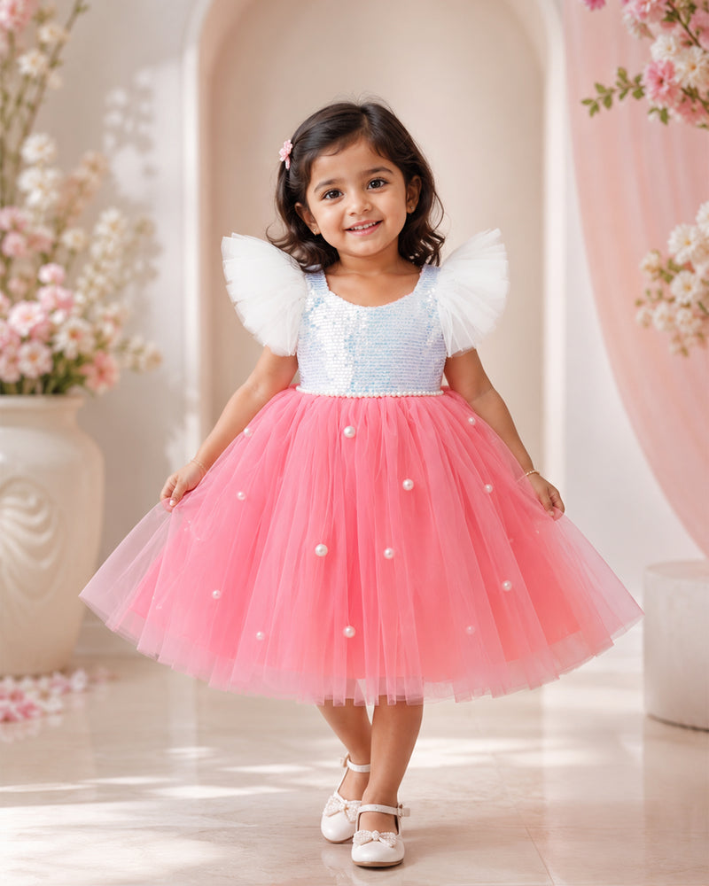 Peach & White Glitter Sequins Birthday Frock for Baby Girl – Stanwells Kids