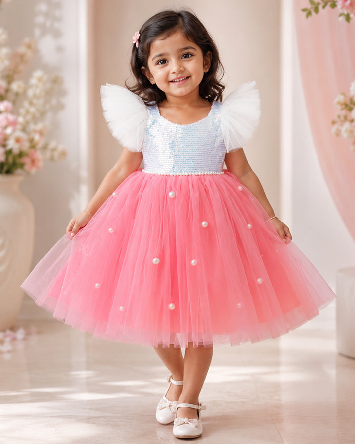 Peach and white glitter sequins birthday frock for baby girl – front view, Stanwells Kids