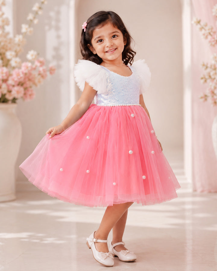 Peach and white glitter sequins birthday frock for baby girl – front view, Stanwells Kids