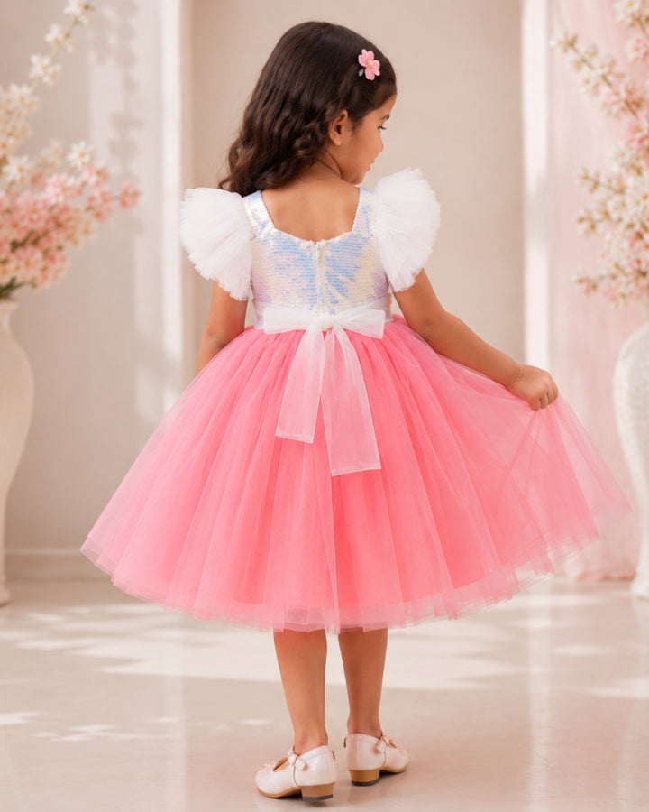 Peach and white glitter sequins birthday frock for baby girl – front view, Stanwells Kids