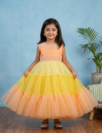 Peachy Pumpkin Baby Yellow Handwork Flared Birthday Gown for Baby Girl – Stanwells Kids