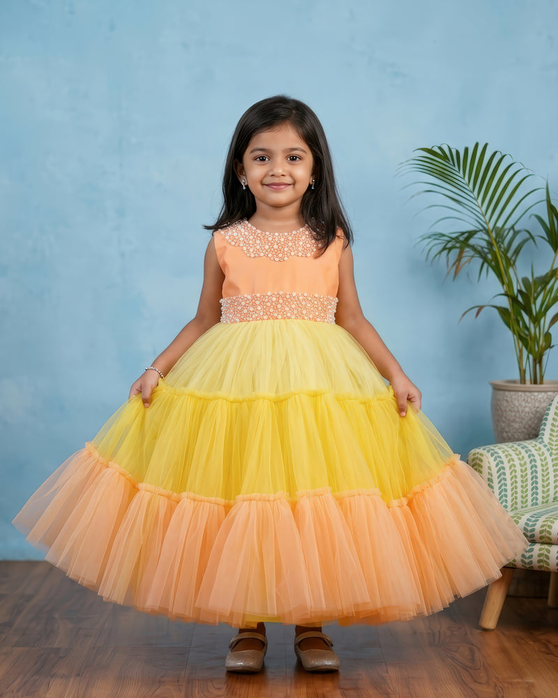 Peachy Pumpkin & Baby Yellow combo Handwork Fully Flared Party wear Long Gown