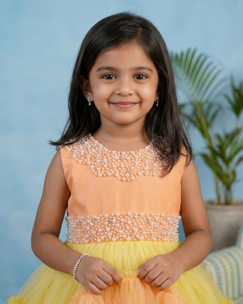 Peachy Pumpkin & Baby Yellow combo Handwork Fully Flared Party wear Long Gown