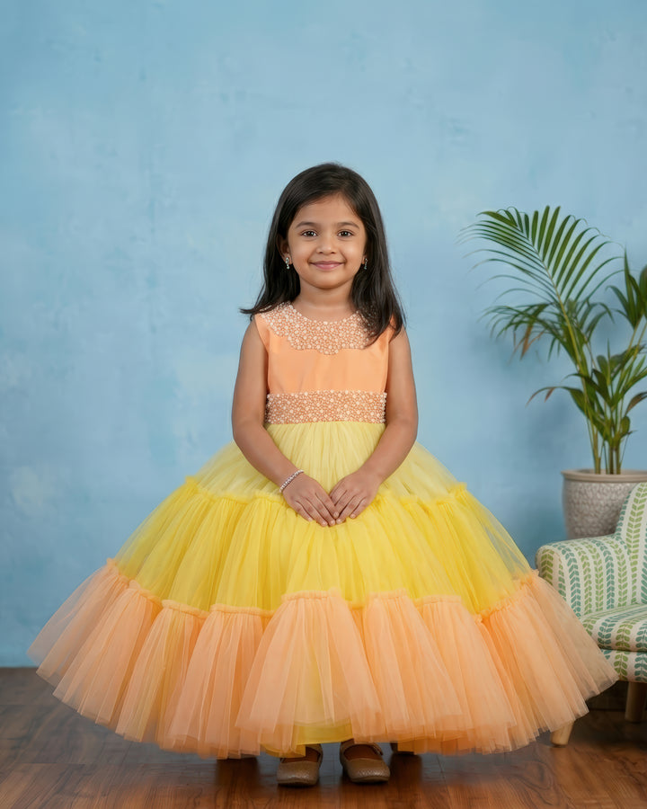 Peachy Pumpkin &amp; Baby Yellow combo Handwork Fully Flared Party wear Long Gown