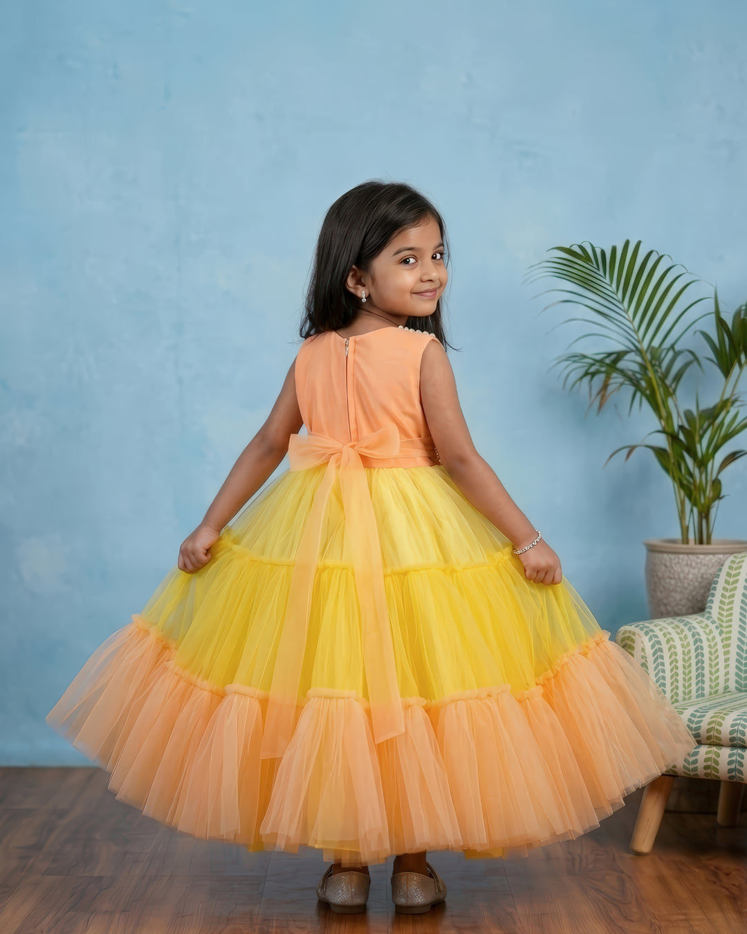 Peachy Pumpkin &amp; Baby Yellow combo Handwork Fully Flared Party wear Long Gown
