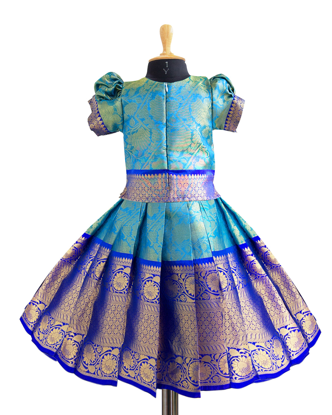 Peacock Blue Banarasi Silk Lehenga – Festive Puff Sleeve Dress for Girls