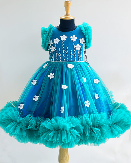 Peacock Blue Baby Girls Birthday Dress - Pearl Handwork Partywear Frock by Stanwells Kids