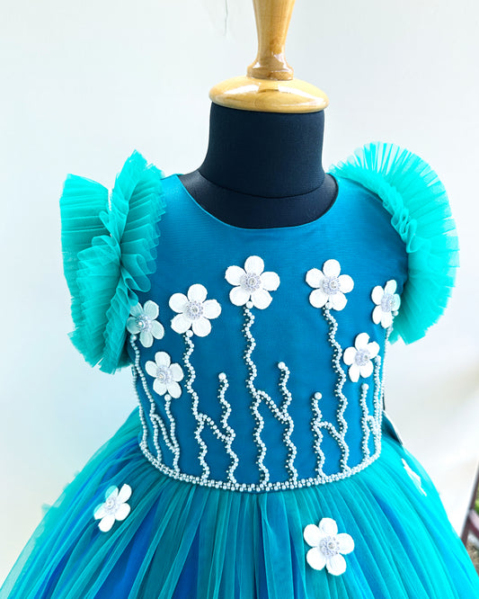 Peacock Blue Baby Girls Birthday Dress - Pearl Handwork Partywear Frock by Stanwells Kids