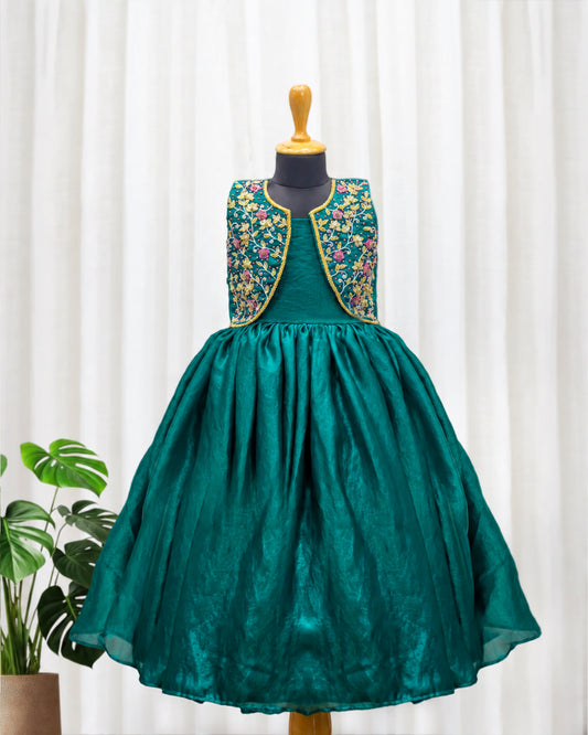 Peacock green ethnic handwork jacket gown for baby girl featuring elegant traditional detailing and a premium partywear design by Stanwells Kids.
