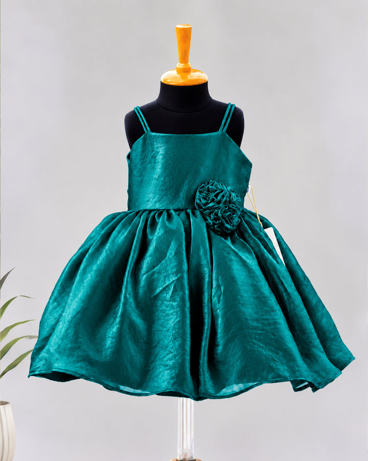 Peacock green velvet organza strap sleeve frock for baby girl by Stanwells Kids, front view