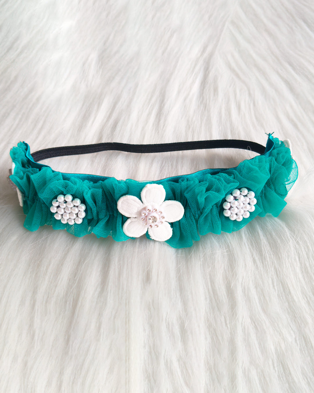 Peacock Blue & Turquoise Green Shade Pearl Handwork Partywear Flower Frock