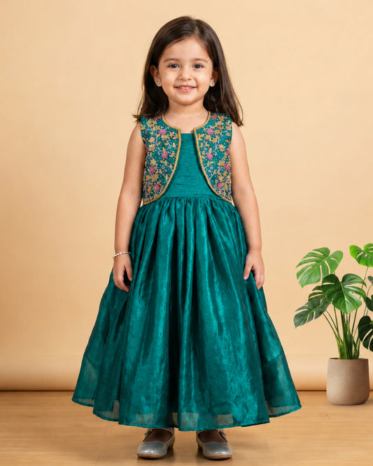 Peacock green ethnic handwork jacket gown for baby girl featuring elegant traditional detailing and a premium partywear design by Stanwells Kids.