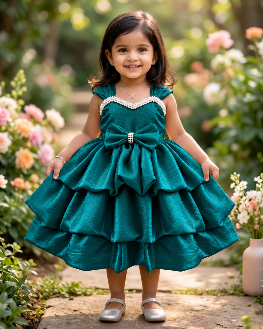Peacock green premium silk frock for baby girl with elegant pearl embroidery and western-style partywear , Stanwells Kids.