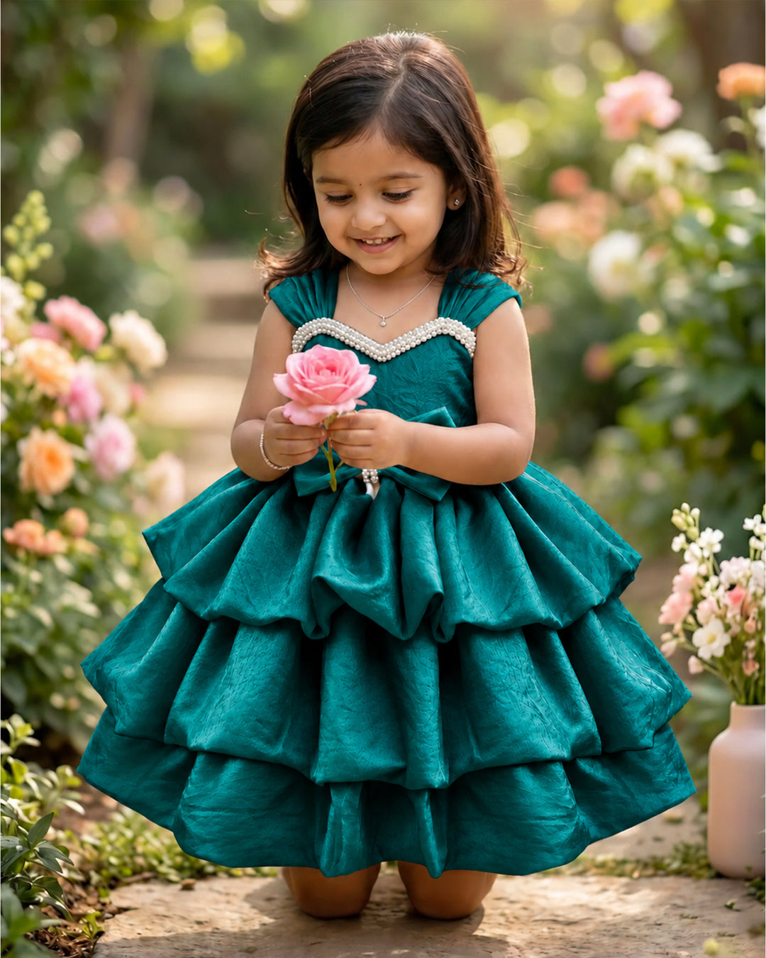 Peacock green premium silk frock for baby girl with elegant pearl embroidery and western-style partywear , Stanwells Kids.