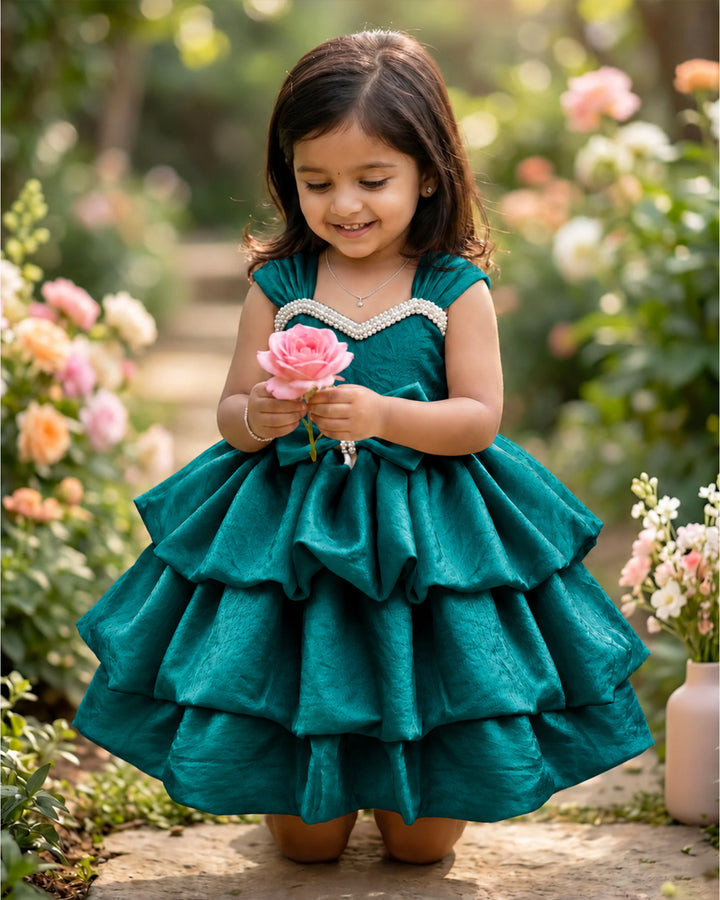 Peacock green premium silk frock for baby girl with elegant pearl embroidery and western-style partywear , Stanwells Kids.