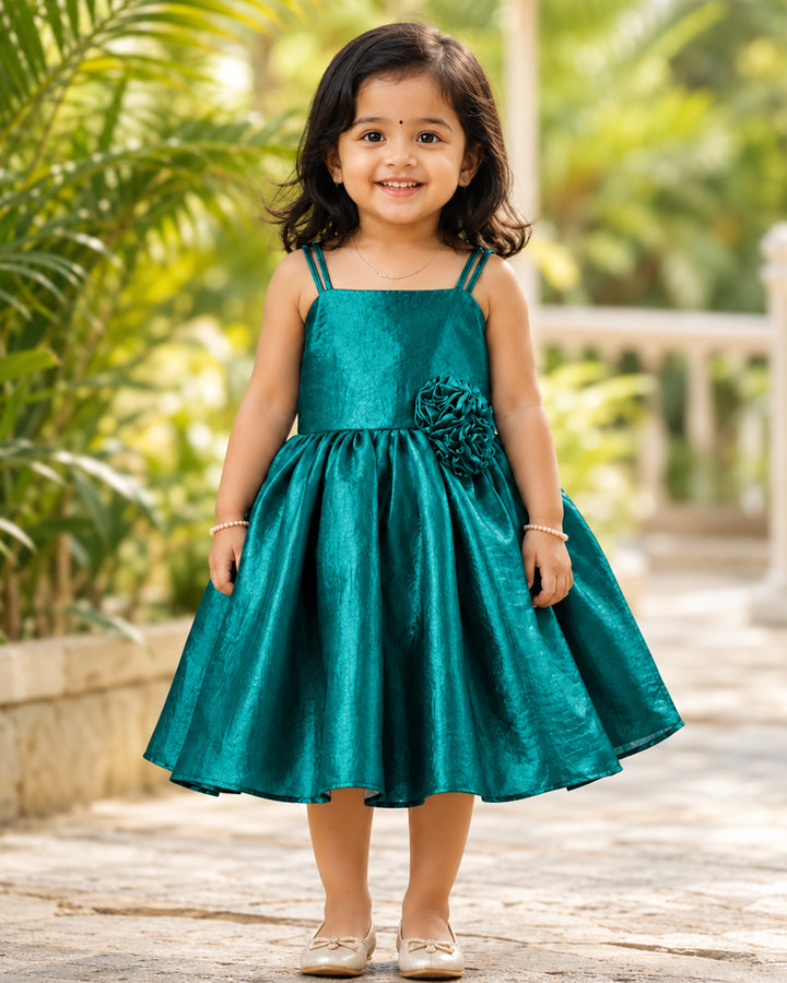  Peacock green velvet organza strap sleeve frock for baby girl by Stanwells Kids, front view