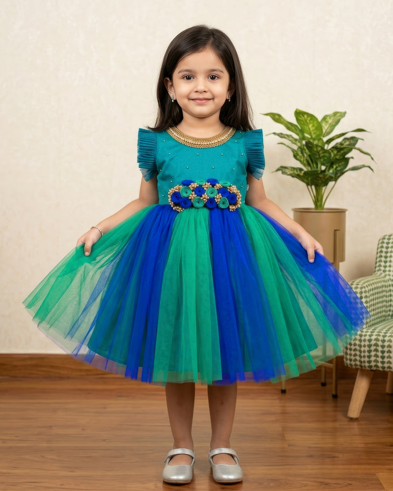 Peacock  Shade Handwork Flower Frock