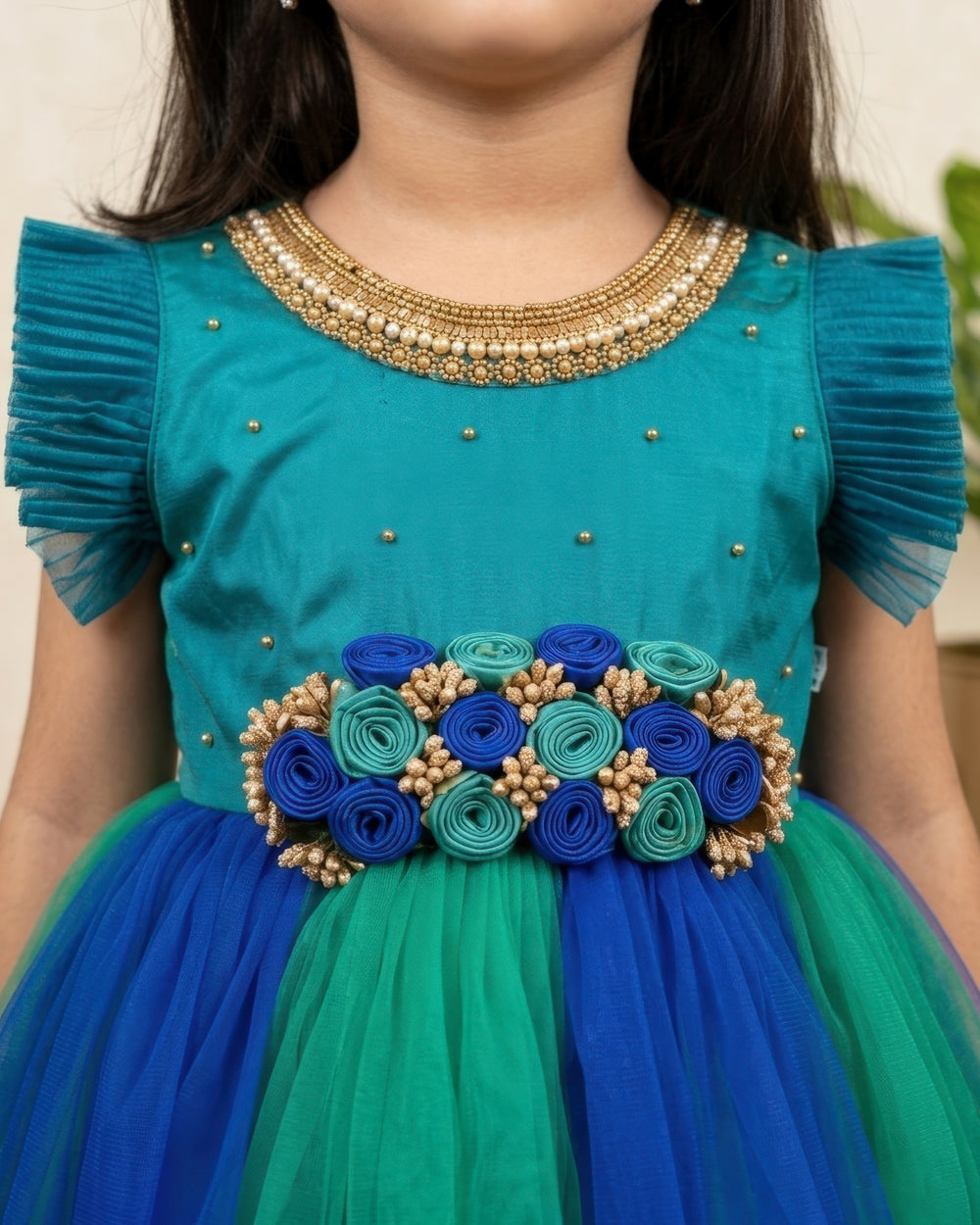 Peacock  Shade Handwork Flower Frock