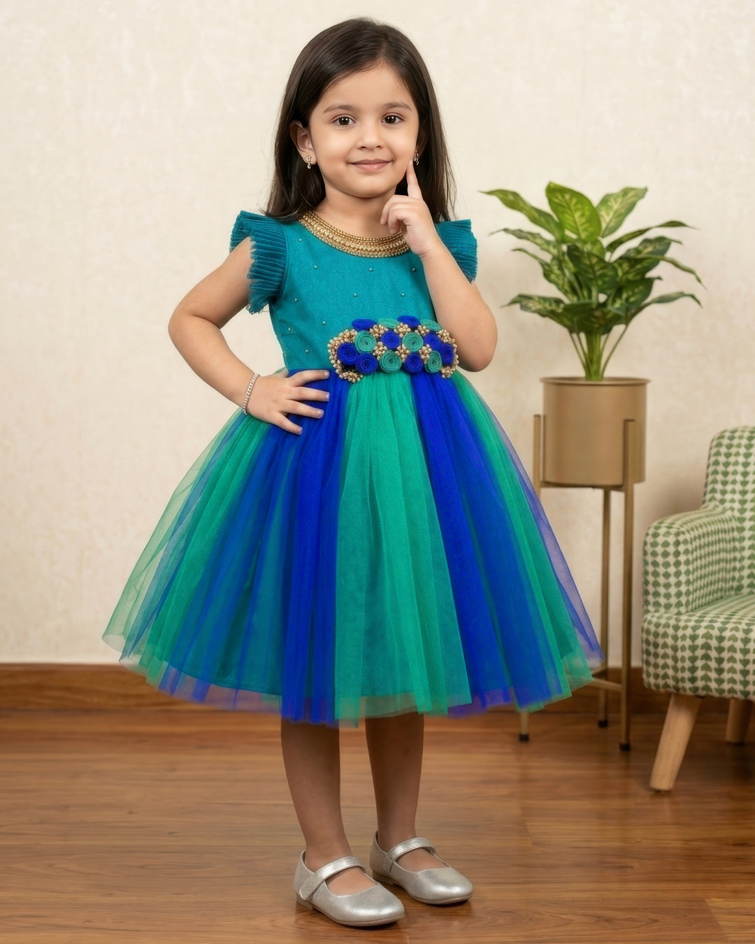 Peacock  Shade Handwork Flower Frock